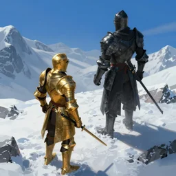 a knight in golden armor facing another knight in black armor on a snowy mountain, blue sky in the background, blue white grey colours, digital art, very dramatic, threatening, overhead view, dangerous, cold lighting, detailed, 4k