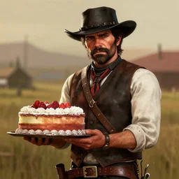 a matte painting of arthur morgan from red dead redemption 2 videogame, holding a birthday cake, realistic, very detailed, western, in the style greg rutkowski,