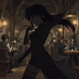 anime visual, portrait of a young female in a busy fantasy medieval tavern interior at night, face by yoh yoshinari, murata range, last exile, blue submarine no 6, dynamic pose, dynamic perspective, detailed silhouette, cel shaded anime, seven deadly sins anime, flat, muted colors, matte