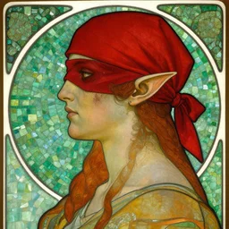 beautiful and detailed portrait of a iorveth, profile view, side view, scoia'tael leader, red cap, red bandana over one eye, scarred eye and cheek, pointy elf ear, shaven, stained glass art, by alphonse mucha, green mosaic background, very masterful