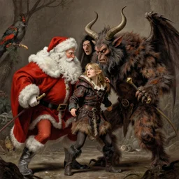 santa battles krampus, fine details, realistic shaded lighting poster by greg rutkowski, magali villeneuve, artgerm, jeremy lipkin and michael garmash and rob rey