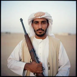 medium format photograph of rub al khaki bedouin with rifle, ektachrome, hasselblad film shallow focus portrait, soft light photographed on expired color film,