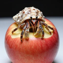 hermit crab inside an apple, photo-realistic, depth of field