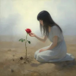 lonely rose growing on dry soil, woman sitting and caring for the rose, fantasy world, ethereal back light, mist, coherent composition, detailed fantasy painting, noriyoshi ohrai, yuumei, mark brooks