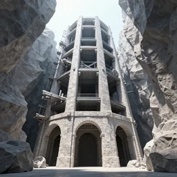A towering warehouse in a crevice, geometric rock formations, stone arches, metallic pipes, digital art, artstationhq