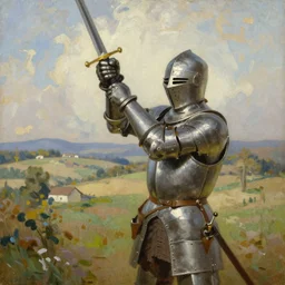 painting of knight holding up his sword, countryside, daytime, beautiful oil painting in the style of john everett,