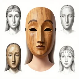 girl wearing a wooden mask character design, character sheet, Moebius, Greg Rutkowski, Zabrocki, Karlkka, Jayison Devadas, Phuoc Quan, trending on Artstation, 8K, ultra wide angle, zenith view, pincushion lens effect