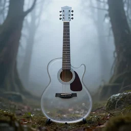 clear guitar, intact guitar, magical area, classic guitar, blade runner, foggy area, by greg rutkowski, sharp focus