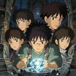 a film still of a miner mining diamonds, finely detailed features, closeup at the faces, perfect art, at an ancient city, gapmoe yandere grimdark, trending on pixiv fanbox, painted by greg rutkowski makoto shinkai takashi takeuchi studio ghibli, akihiko yoshida