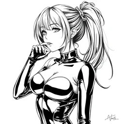 album cover art, luxury advertisement, beautiful aesthetic inspirational masterful professional ink pen liner sketch of a 1 9 9 0 s anime manga japanese girl posing in latex plugsuit, marvel style, concept art, fine details, trending on artstation, high quality paper, instagram photo. art university academy work, gnomon, calarts
