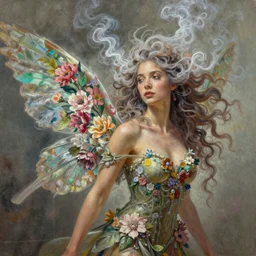 a colorful and provenance illustrations painting of the fantasy female who with floral wing, highly detailed, her hair made of hair made of air wind and curling smoke, mist, dust, genie, spirit fantasy concept art, art by ketner and jeremiah, trending on artstation.