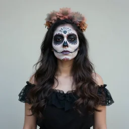 canon mark 5, motion blur, realistic character portrait photo of a beautiful mexican girl, day of the dead makeup, muted colours, by britt marling, glitter storm
