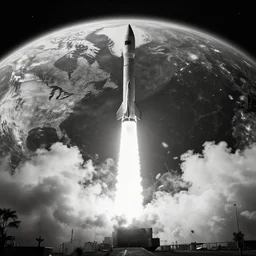 a rocket launched from earth. monochrome filter.