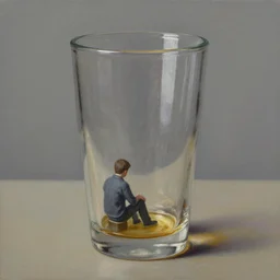 a tiny realistic proportioned man sitting down inside an empty beer glass. beautiful detailed painting by artgerm and magali villanueve and michael whelan