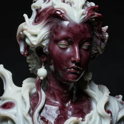 a dark baroque close - up portrait of a deep maroon and white porcelain being made out of white liquid sci - fi vitrified translucent ceramic marble ; china. reflective detailed textures. gloomy black background. highly detailed fantasy science fiction painting by moebius, norman rockwell, frank frazetta, and syd mead. rich colors, high contrast. artstation