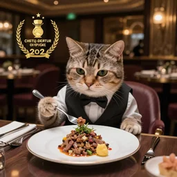 A photo of a cat wearing a suit sitting in a fancy and expensive gourmet restaurant and eating a plate of cat food. f/2.8, dim lighting, award winning photo