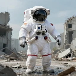 very realistic photographs of american white spacesuit chubby astronaut in giant flood postapocalyptic abandoned destroyed times square, wrecked buildings, destroyed flipped wrecked cars, pinhole photo, vintage, neutral colors, documentary still by gregory crewdson