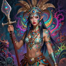 hyper detailed ultra sharp cherokee shaman warrior trance girl. trending on artstation, warpaint aesthetic, bloodwave, colorful, psychedelic, ornate, intricate, digital painting, concept art, smooth, sharp focus, illustration, art by artgerm and greg rutkowski and h. r. giger, 8 k