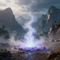a mystical energy steaming from the ground, concept art, hyperrealistic, ultra realistic, mountains, day and night, trending on artstation, high quality, advanced technology, highly detailed, path traced, soft lighting, video game, soft colors, digital art, 8 k hdr, octane render, unreal engine 5