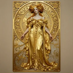 beautiful alien humanoid wearing a flowing golden dress, Victorian, full body, full length, Art Nouveau, style of Alphonse Mucha, gilded, baroque, filigree border, insanely detailed and intricate, hypermaximalist, elegant, ornate, hyper realistic, super detailed, gritty texture, high contrast