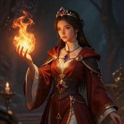 portrait of a girl fantasy alchemist, dressed in a rich robe, wearing a tiara and holding a fireball in one hand, digital art, detailed,