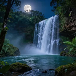 Jungle Creek Lagoon at night, Waterfall, moonlight, Greg Rutkowski, Thomas kinkade, hyperrealism, artstation, 8k, panoramic, highly detailed, enhanced lighting