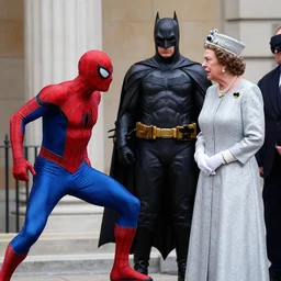 spider - man played by donald trump, fighting batman played by the queen of england
