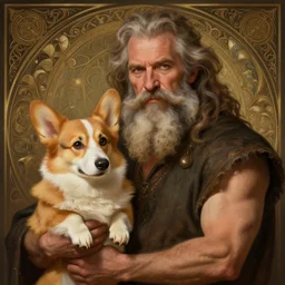 medium close up portrait of a old, ruggedly handsome bearded man holding corgi dog, real hands, soft hair, muscular, half body, cloth, d & d, fantasy, intricate, elegant, highly detailed, digital painting, artstation, concept art, smooth, sharp focus, illustration, art by artgerm and greg rutkowski and alphonse mucha