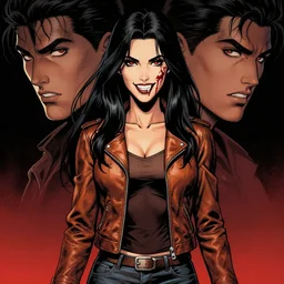 Rafael Albuquerque comic cover art, loish, Sam yang, pretty female Samara Weaving vampire, very sharp fangs blood on face face, sarcastic smile, symmetrical eyes, symmetrical face, brown leather jacket, jeans, long black hair, middle shot, highly saturated, deep blacks