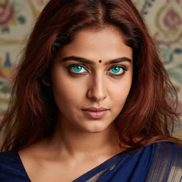 extreme close - up shot, studio photographic portrait of beautiful indian girl in sari, brown reddish hair, eyes with crystal teal iris, haunting, looking at viewer, dynamic lighting, random outdoor wallpaper background, photorealistic, highly detailed, 2 5 mm