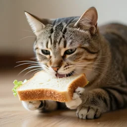 a cat eating a sandwitch