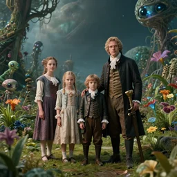sharp, highly detailed, film from a 2 0 1 9 sci fi 1 6 k movie, set in 1 7 5 0, a family standing in a park on an alien planet, full of alien plants and flowers, all wearing 1 7 5 0 s clothes, atmospheric lighting, in focus, reflective eyes, 3 5 mm macro lens, live action, nice composition