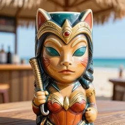 a closeup photorealistic photograph of a cat woman style tiki mug from trader vic's featuring the face of cat woman at the beach bar. bright scene. whip. fine detail. this 4 k hd image is trending on artstation, featured on behance, well - rendered, extra crisp, features intricate detail, epic composition and the style of unreal engine.