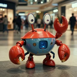 a cute crab robot, in 2 0 0 2, at a mall, street style, crabcore, low - light photograph, photography by tyler mitchell