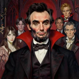 realistic detailed image of Abe Lincoln as Dracula, by  Ayami Kojima, Amano, Karol Bak, Greg Hildebrandt, and Mark Brooks, Neo-Gothic, gothic, rich deep colors. Beksinski painting. art by Takato Yamamoto. masterpiece. ultra details, high quality, high resolution .