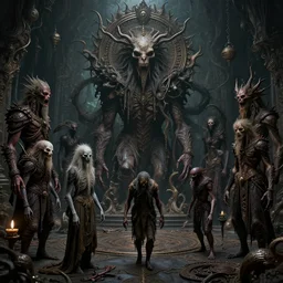 creepy gathering of cryptids, maximalist, high detail, 8k, ornate, dark fantasy, realistic, masterpiece, Trending on art station, complex, WLOP