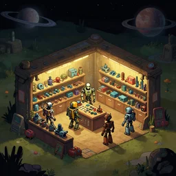 inside a store that sells robot parts, in a small remote outpost, on a remote planet, cyberpunk style, from a point and click 2 d graphic adventure game, set design inspired slightly by hg giger and tomb raider, art inspired by [ [ thomas kinkade ] ] and [ mark keathley ]
