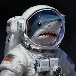 digital painting, full body astronaut shark head, transparent helmet in space, vaporware darkwave,