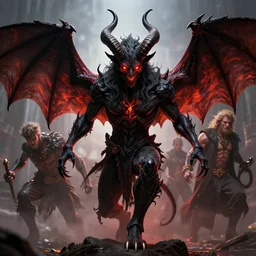 dynamic fullbody portrait of a powerful black demon, long complex horns, bat wings, fiery eyes, claws, by greg rutkowski and gaston bussiere and craig mullins and j. c. leyendecker, volumetric lighting, hd
