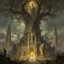 Holy City of Sophia built around the base of Yggdrasil, a fantasy digital painting by Greg Rutkowski and James Gurney, trending on Artstation, highly detailed