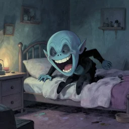 a small ghoul creeping around a bedroom. he is laughing maniacally. art by peter mohrbache and tomacz alen kopera.