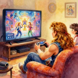 a beautifull intricate watercolour painting of a cute thor playing video games!! on a couch watching big screen television, warm colors, cinematic frame, contest, verry high details by william turner art, greg rutkowski and alphonse mucha, trending on artstation, very very detailed, masterpiece, vibrant colors