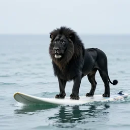 a black lion stands on a surfboard on the ocean