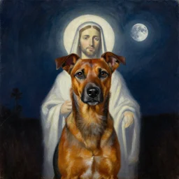 the new age prophet Rhodesian ridgeback dog, illuminated from behind like a Catholic saint portrait, full moon night. Portrait by Paul Bonner, oil on canvas