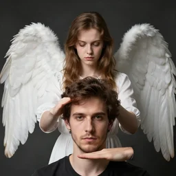 portrait closeup angle showing angel standing behind a man to protect him