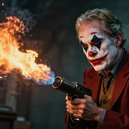 detailed photo of Jerome Powell with whiteface clown makeup using a flamethrower projecting a long flame, highly-detailed