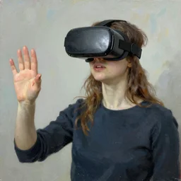 female wearing vr headset in the style of ilya kuvshinov
