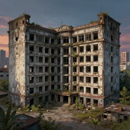 a beautiful very detailed highly detailed urbex building city sanatorium unfinished building abandoned industrial architecture by thomas kinkade, gem vice city myst at dusk retrowave, archdaily, wallpaper, highly detailed, trending on artstation.