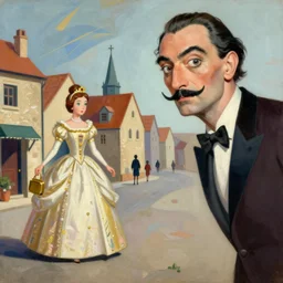 picture with abstract elements, man with moustache following princess in the town from 18th century by salvador dali, 4k, painting, artstation