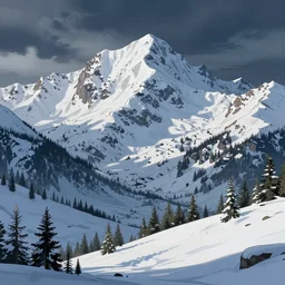 detailed cartoon art background of a snowy mountain landscape
